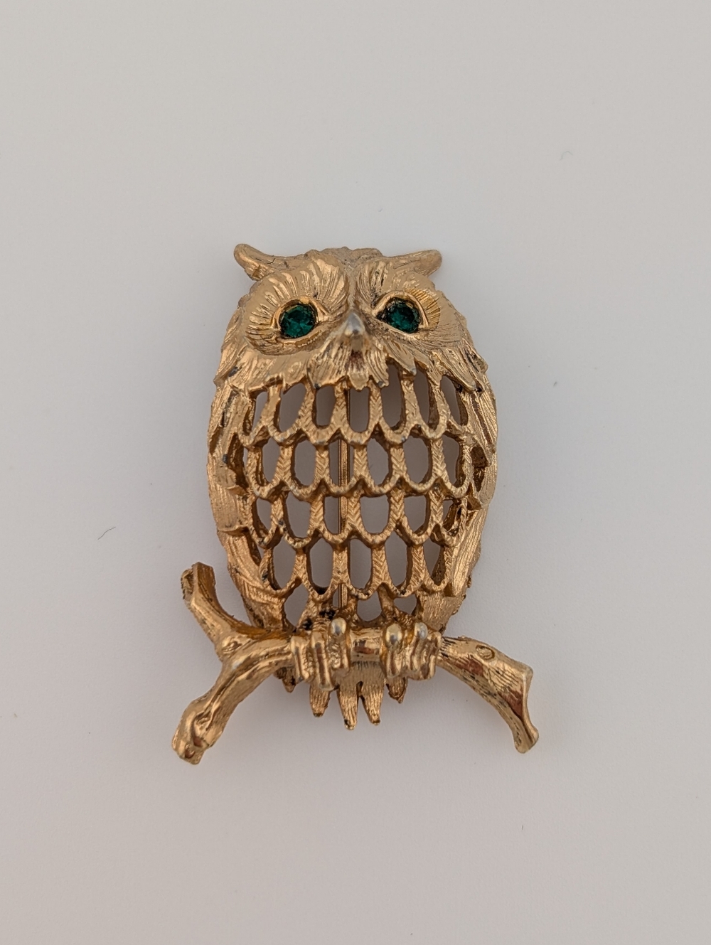 Vintage Gold Owl Brooch with Green Eyes - Napier - Animal Estate Jewelry